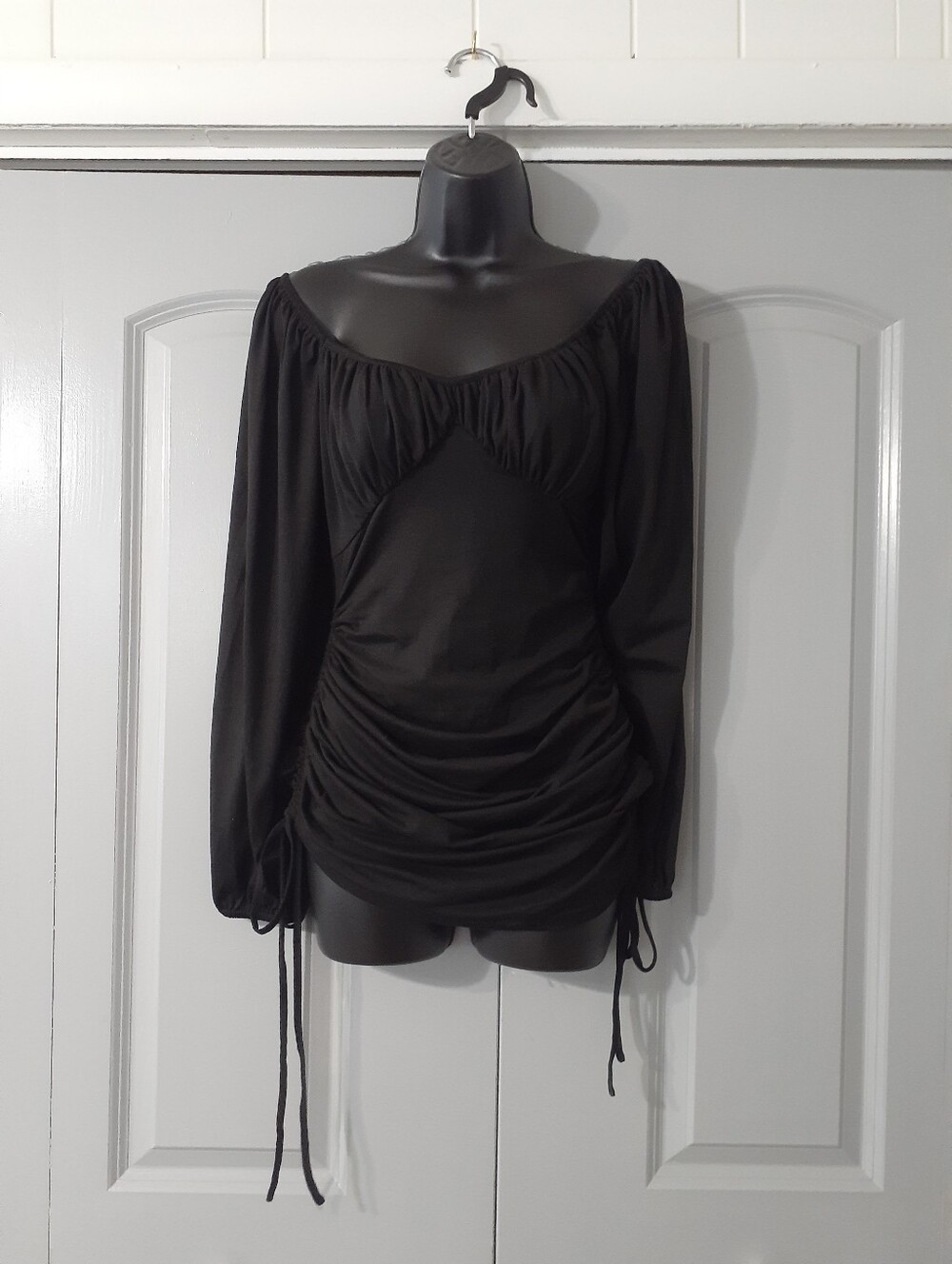 Solid black adjustable drawstring ruched side dress